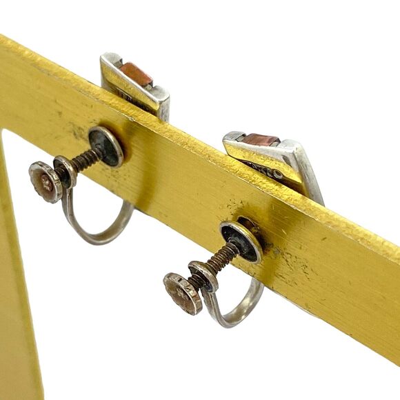 Copper Tri Panel Screw Back Earrings | Vintage Estate Sterling Silver 925 - Picture 10 of 11